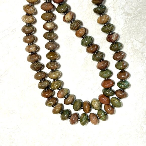 Genuine Earthy Polychrome Jasper Bronze Cat on the Moon Beaded Short Necklace - Picture 8 of 13